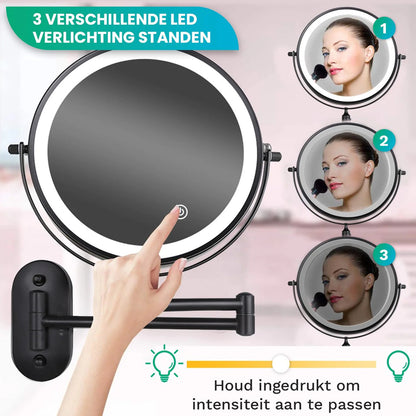 Make-Up Spiegel Wand Led Verlichting - 5x Vergroot - Zwart - Oplaadbaar