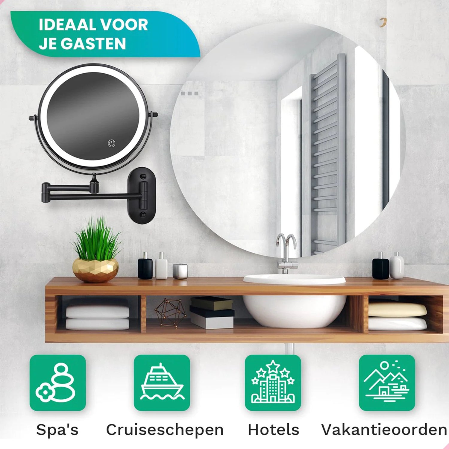 Make-Up Spiegel Wand Led Verlichting - 5x Vergroot - Zwart - Batterijen