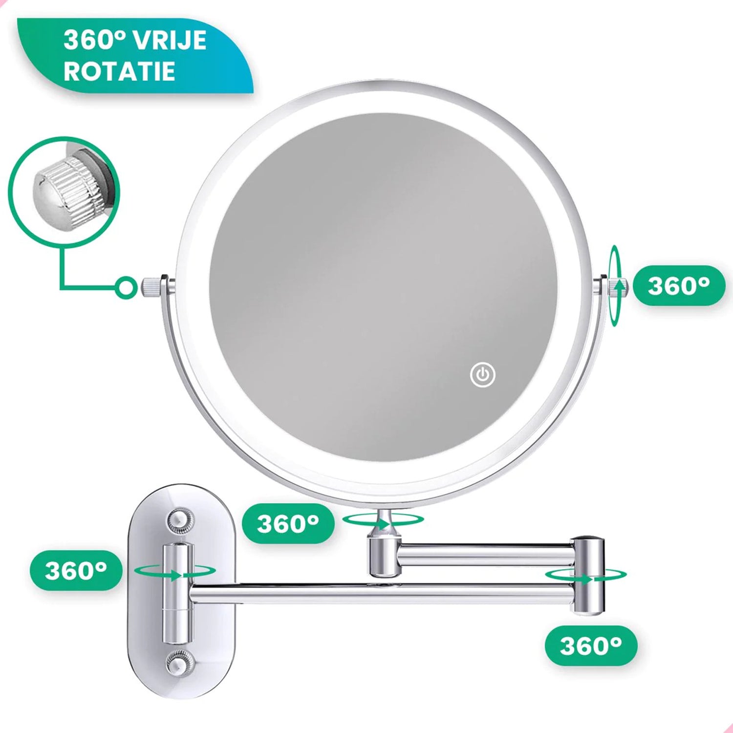 Make-Up Spiegel Wand Led Verlichting - 5x Vergroot - Chroom - Oplaadbaar