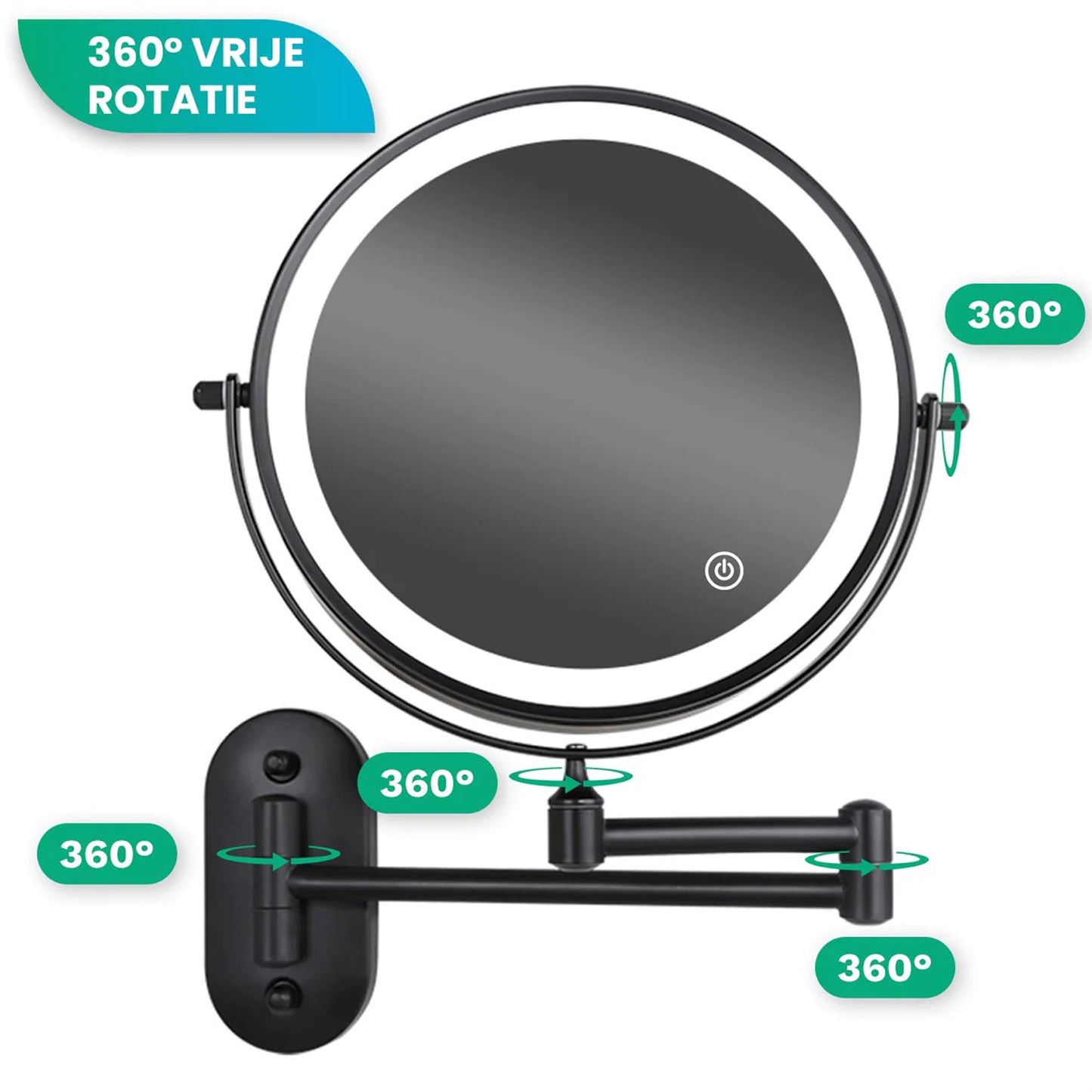 Make-Up Spiegel Wand Led Verlichting - 5x Vergroot - Zwart - Oplaadbaar