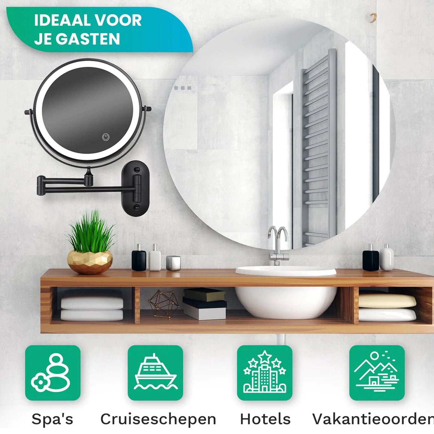Make-Up Spiegel Wand Led Verlichting - 5x Vergroot - Zwart - Oplaadbaar