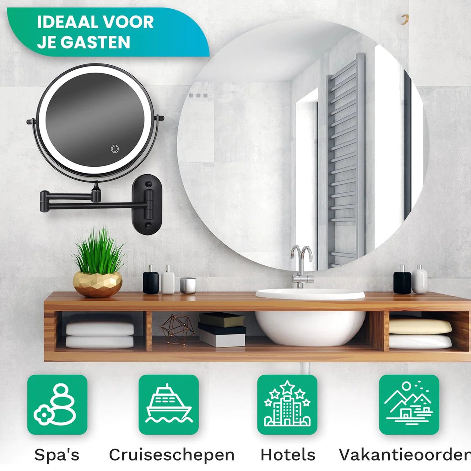 Make-Up Spiegel Wand Led Verlichting - 5x Vergroot - Zwart - Oplaadbaar