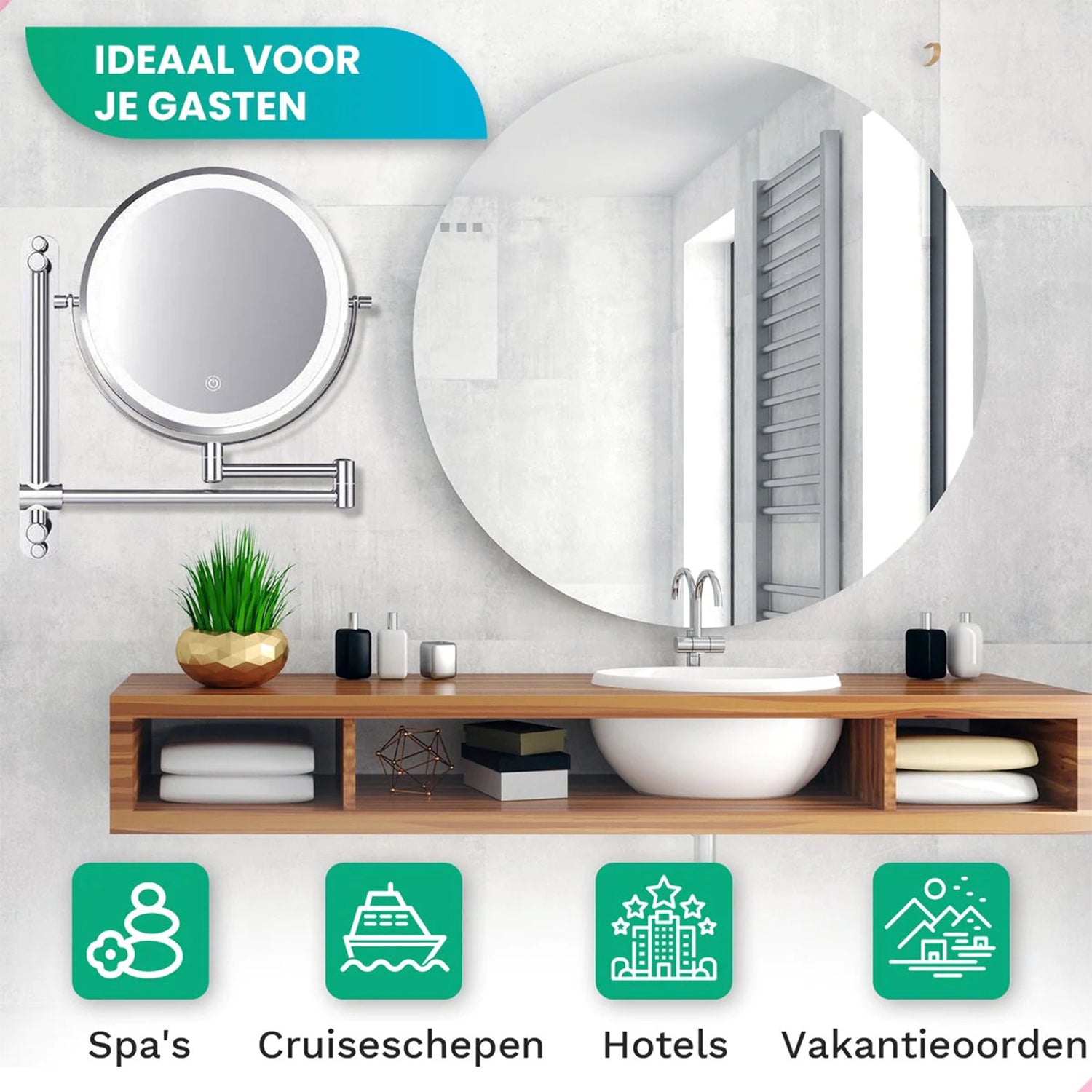 Make-Up Spiegel Wand Led Verlichting - 7x Vergroot - Chroom - Oplaadbaar