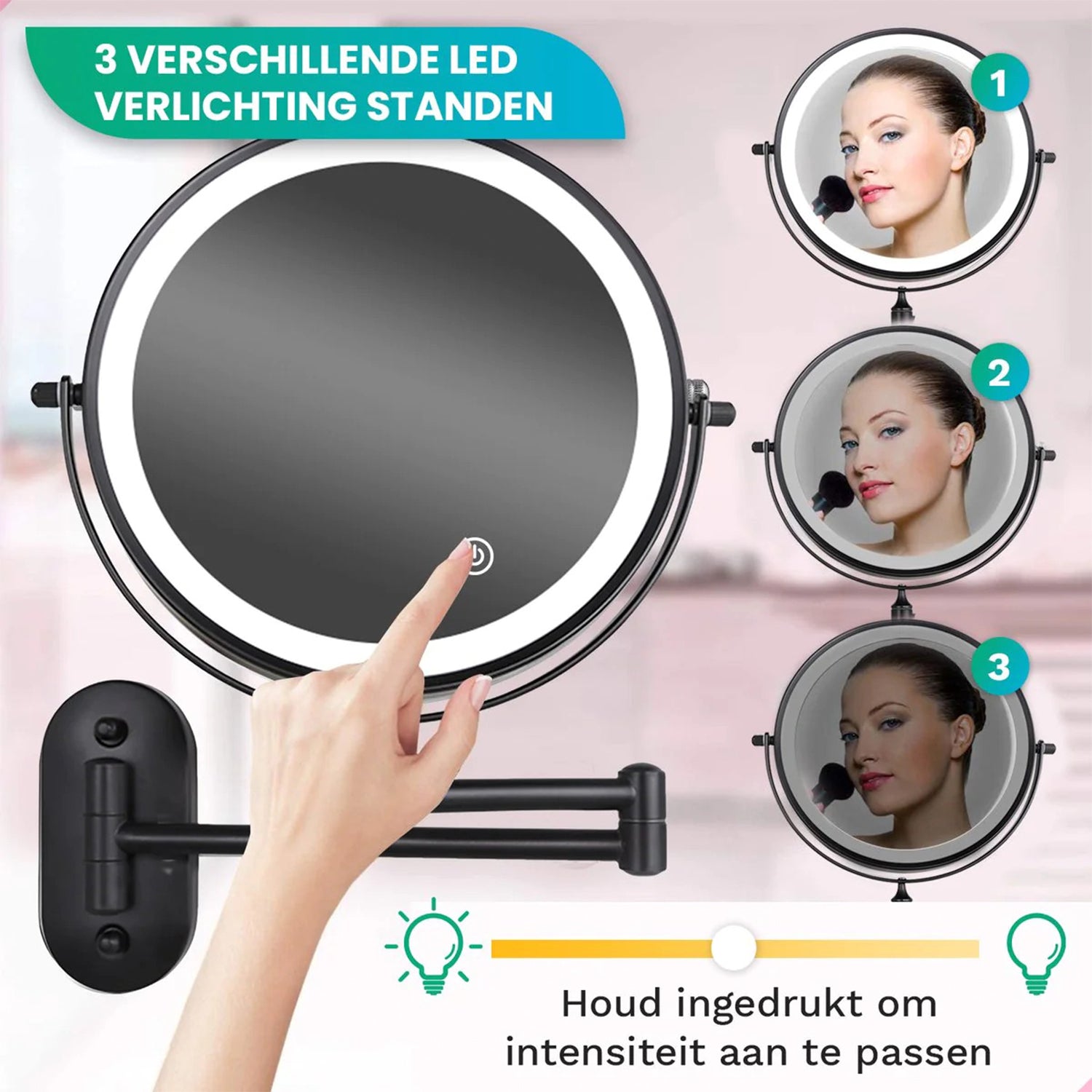 Make-Up Spiegel Wand Led Verlichting - 5x Vergroot - Zwart - Batterijen