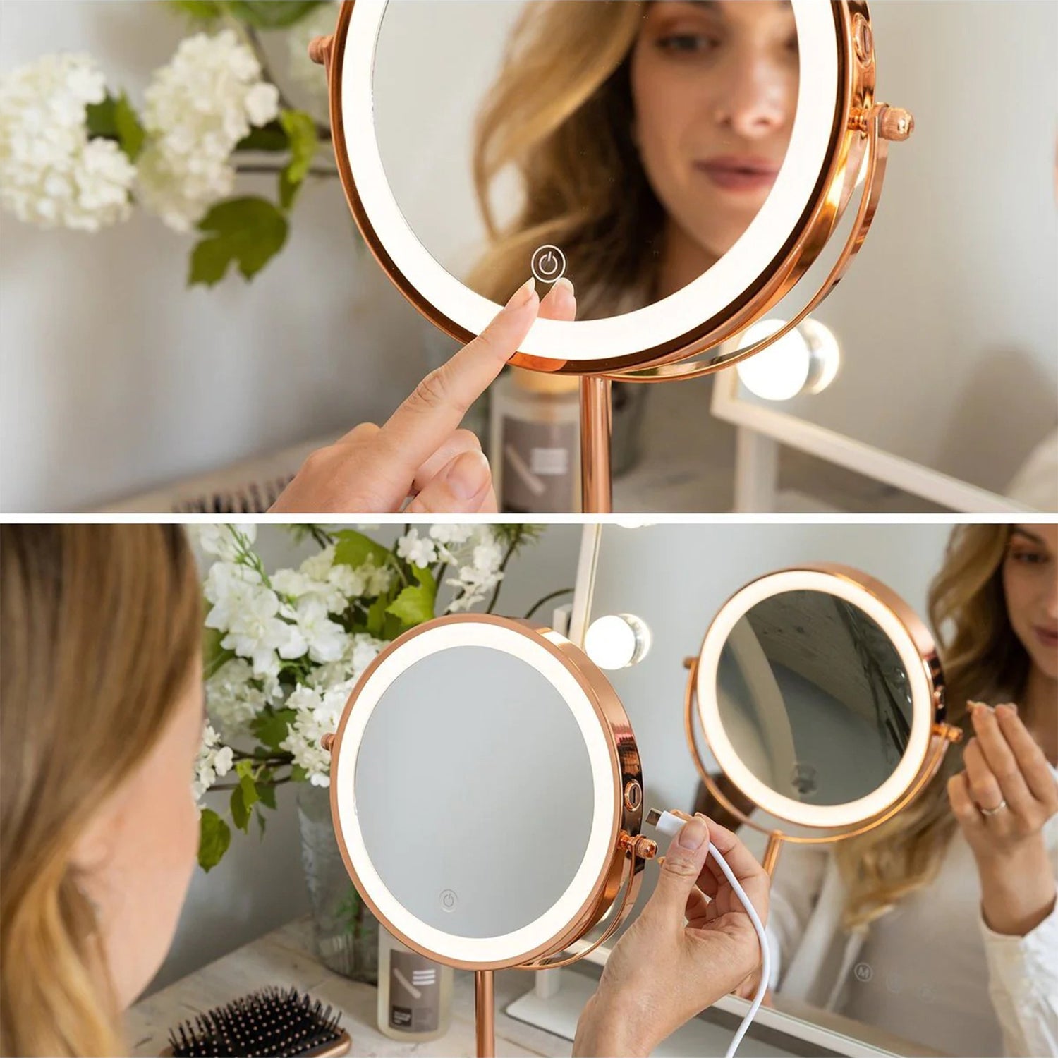 Make-Up Spiegel Staand Led Verlichting - 10x Vergroot - Rosé Goud - Oplaadbaar