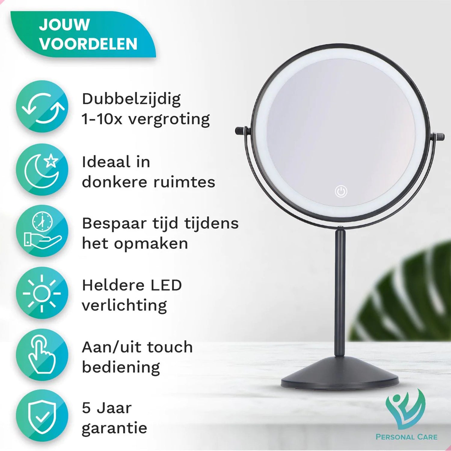 Make-Up Spiegel Staand Led Verlichting - 10x Vergroot - Zwart - Oplaadbaar
