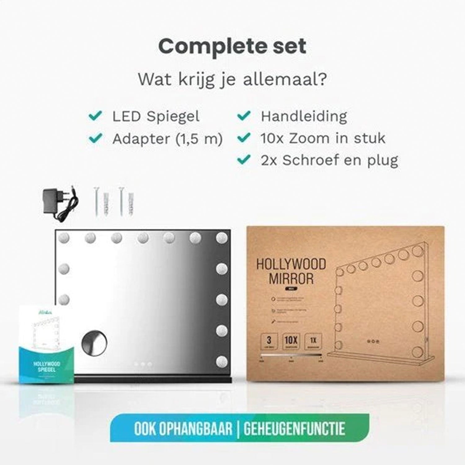 Hollywood Make Up Spiegel LED - Bluetooth Speakers - 10x Zoom - Ophangbaar - Wit - 80x60cm