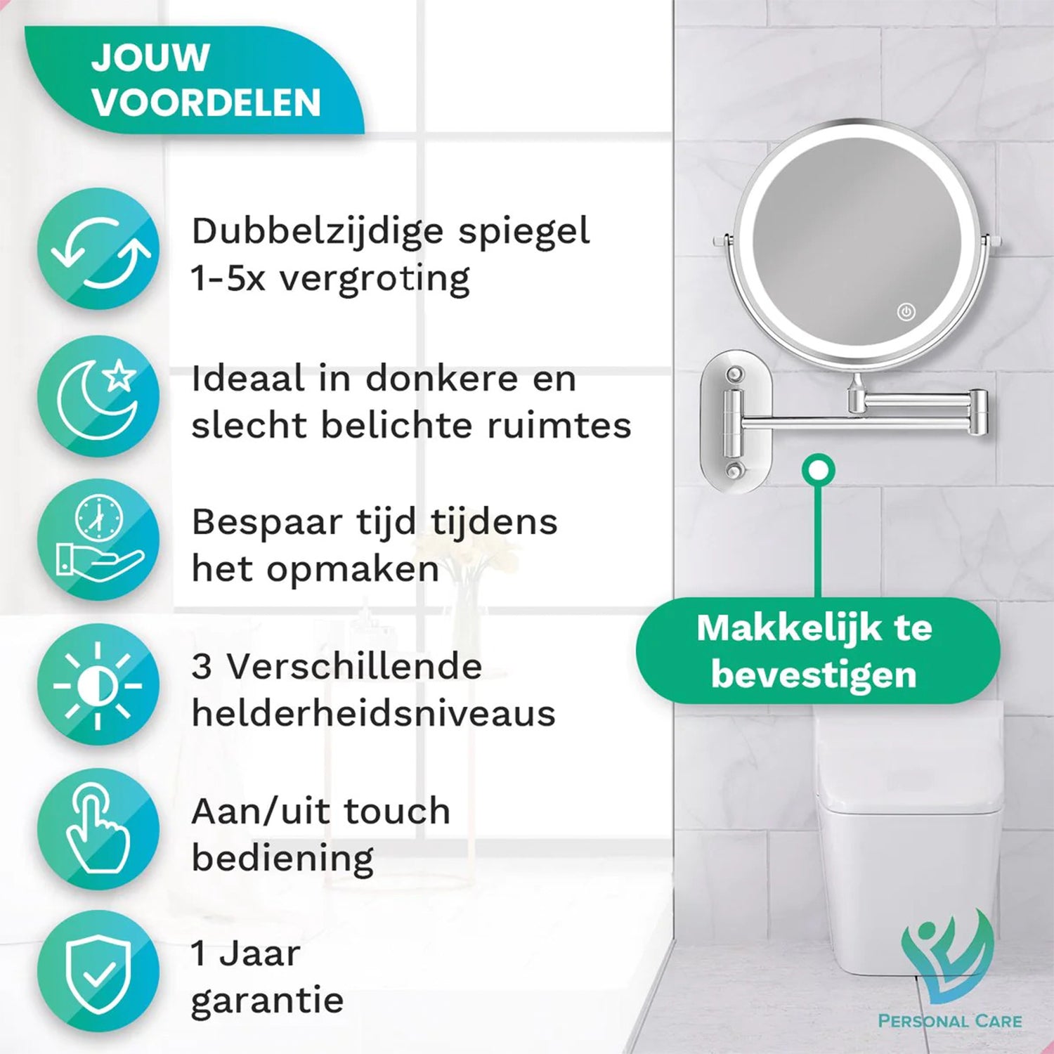 Make-Up Spiegel Wand Led Verlichting - 5x Vergroot - Chroom - Oplaadbaar