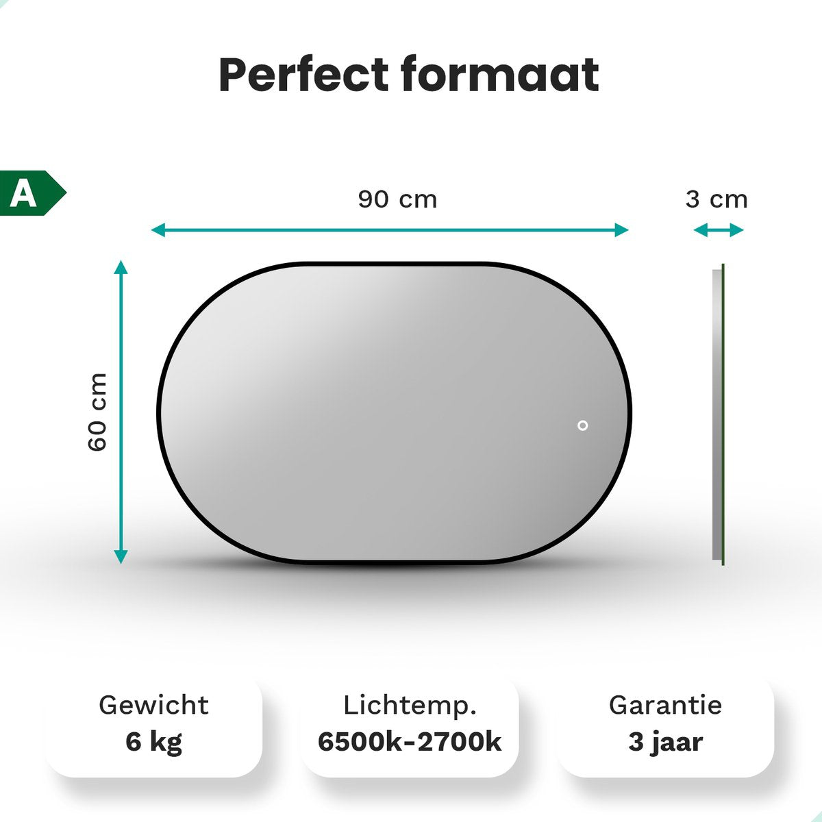 Badkamerspiegel Ovaal Zwart 60 x 90 cm - Anti-Condens & Dimbaar Led