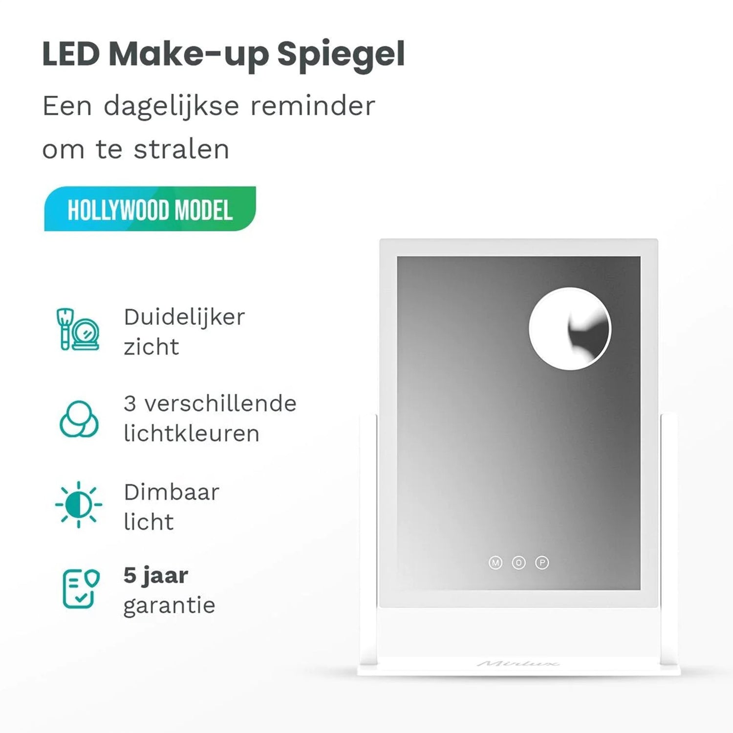 Make-Up Spiegel Staand Led Verlichting - 3 Dimbare LED Verlichting - Wit - 33 X 44 Cm
