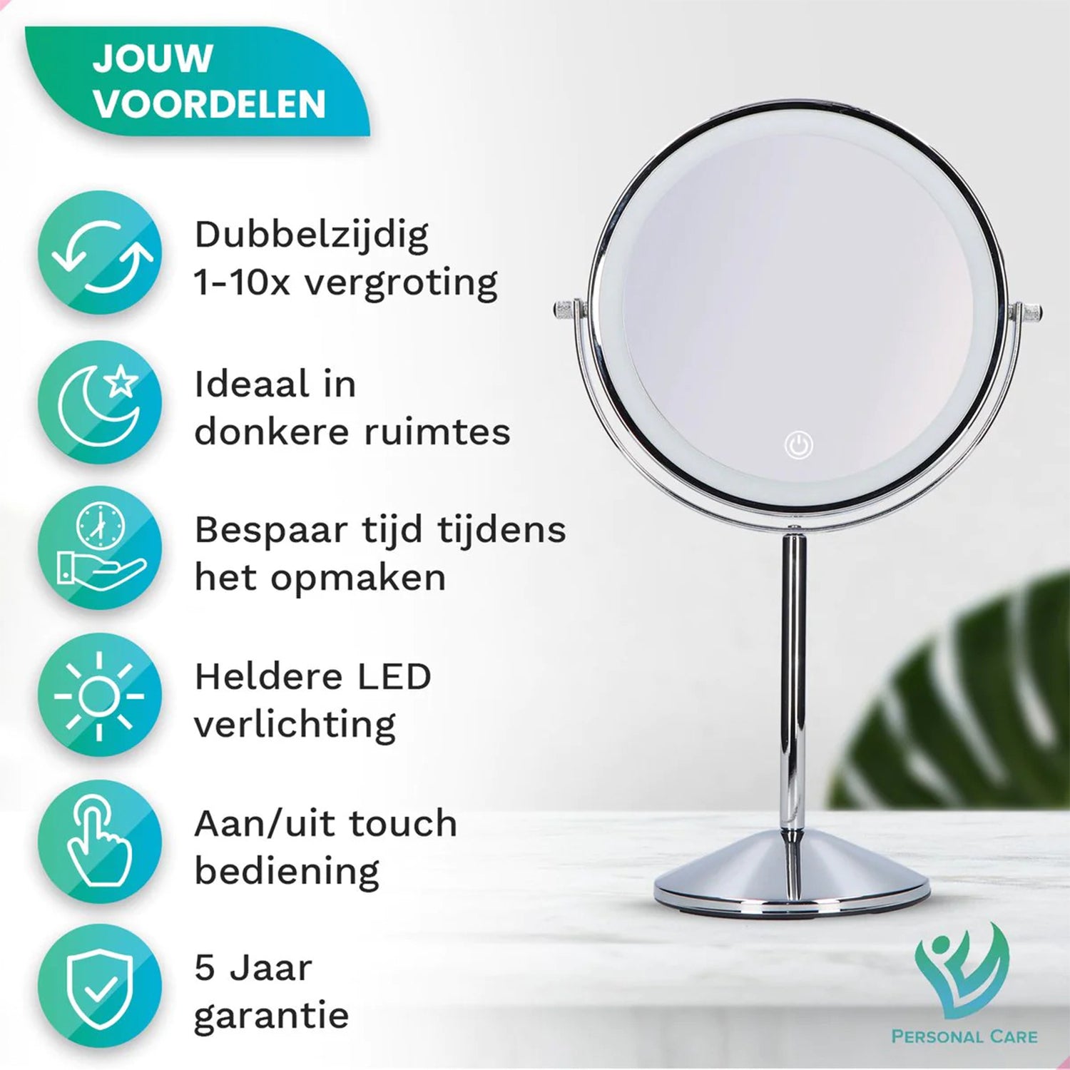 Make-Up Spiegel Staand Led Verlichting - 10x Vergroot - Chroom - Oplaadbaar