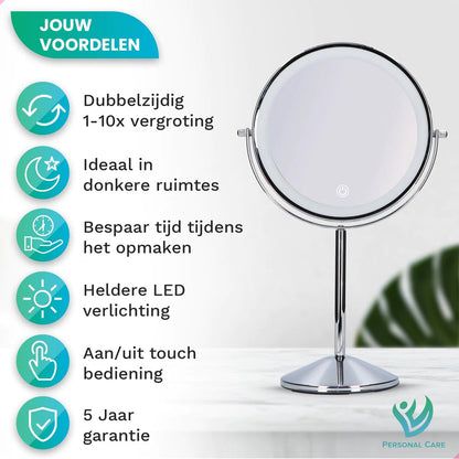 Make-Up Spiegel Staand Led Verlichting - 10x Vergroot - Chroom - Oplaadbaar