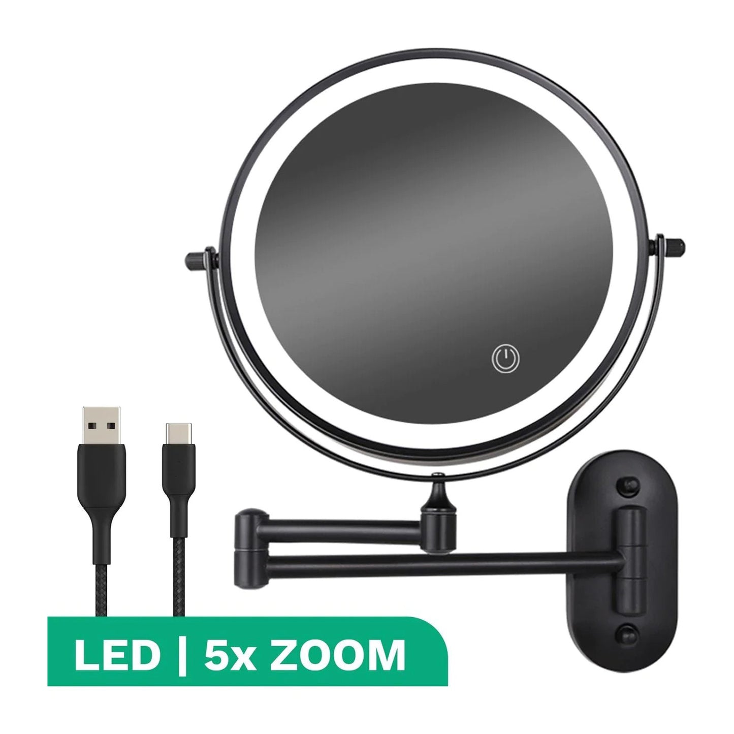 Zwarte make-up spiegel met verlichting en 5 x vergroting Zwarte make-up spiegel met verlichting en 5 x vergroting