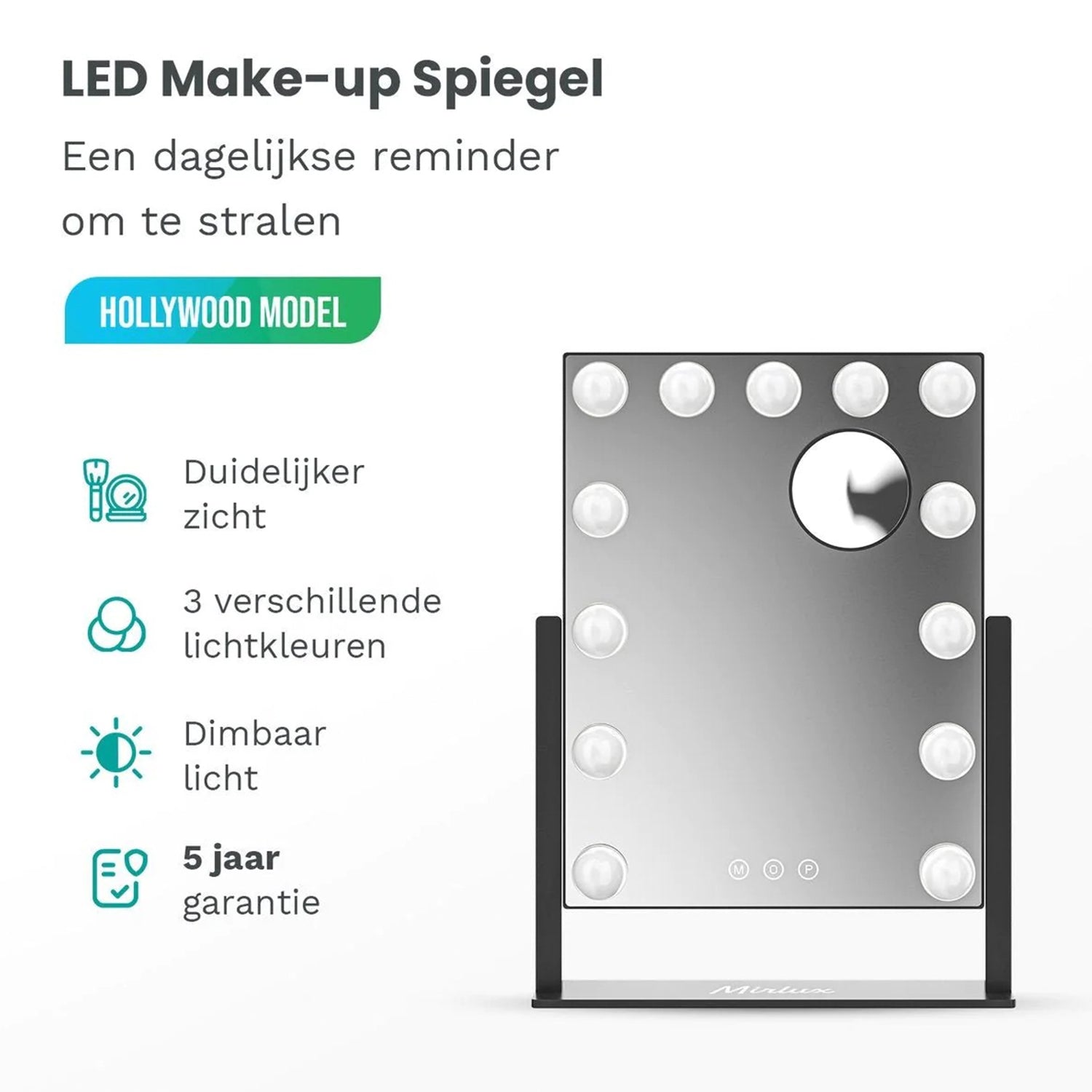 Make-Up Spiegel Hollywood Led Verlichting - 3 Dimbare LED Verlichting - Zwart - 33 X 44 Cm
