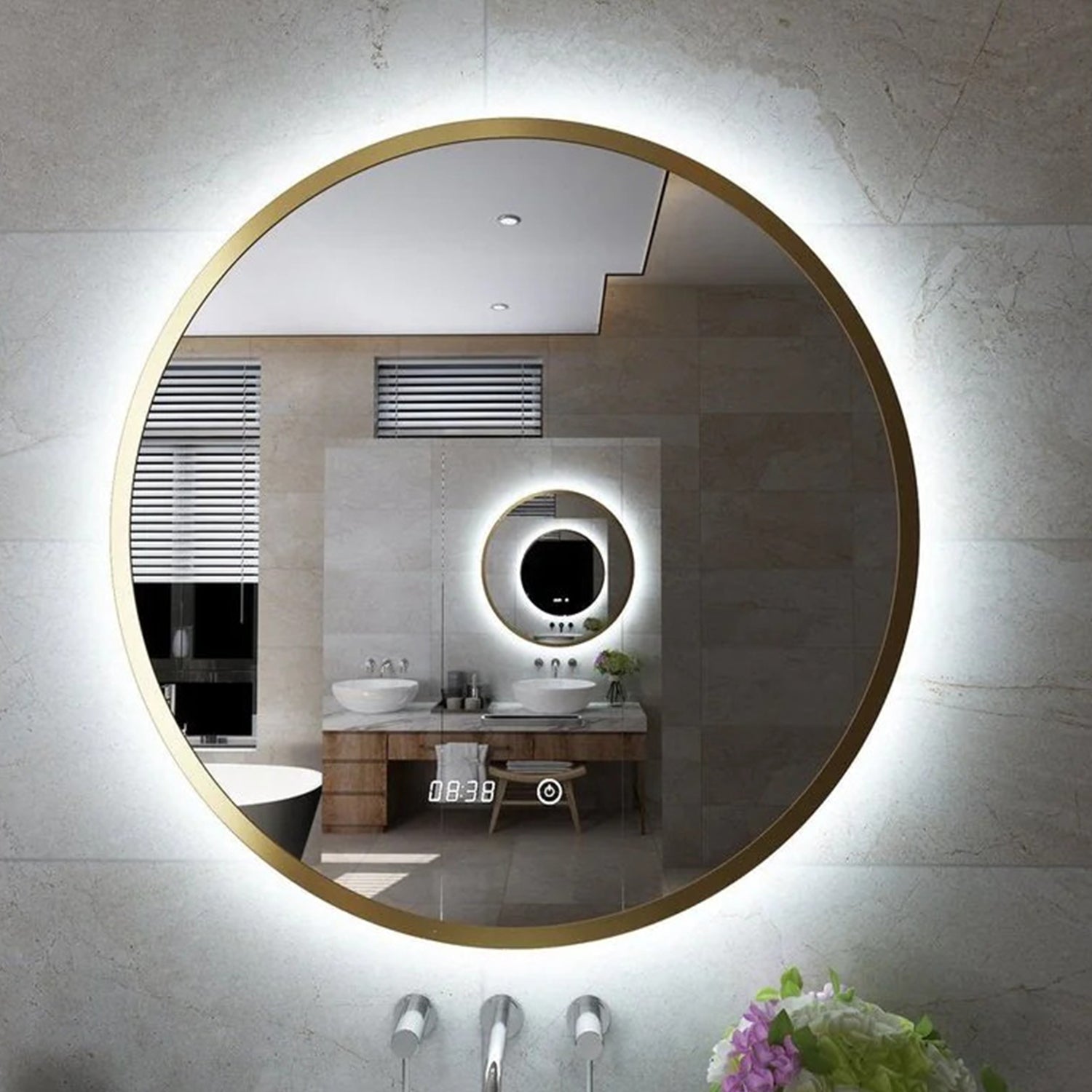 Ronde Spiegel Geborsteld Messing/Goud 80 cm - Anti-Condens & LED Dimbaar - Luxurii