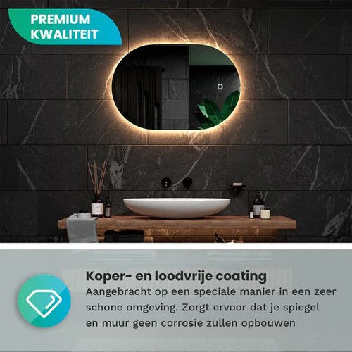 Badkamerspiegel Ovaal Frameloos 90 x 60 cm - Anti-Condens & Dimbaar Led