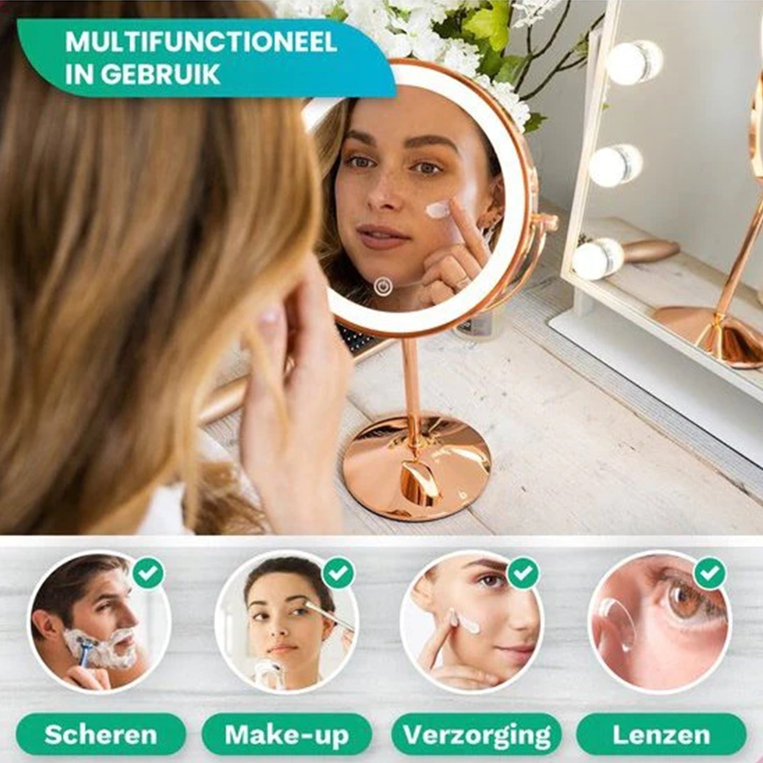 Make-Up Spiegel Staand Led Verlichting - 10x Vergroot - Rosé Goud - Oplaadbaar