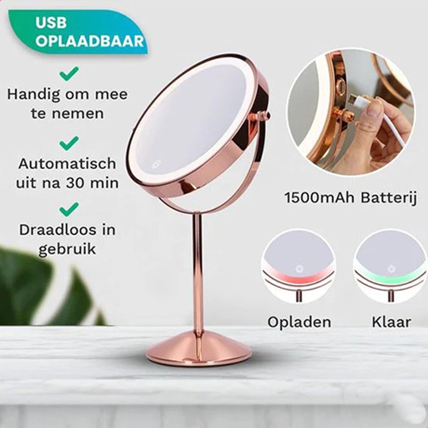 Make-Up Spiegel Staand Led Verlichting - 10x Vergroot - Rosé Goud - Oplaadbaar