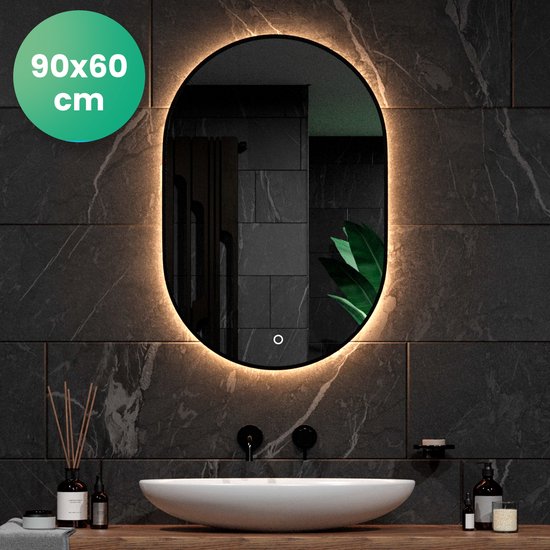 Badkamerspiegel Ovaal Zwart 60 x 90 cm - Anti-Condens & Dimbaar Led