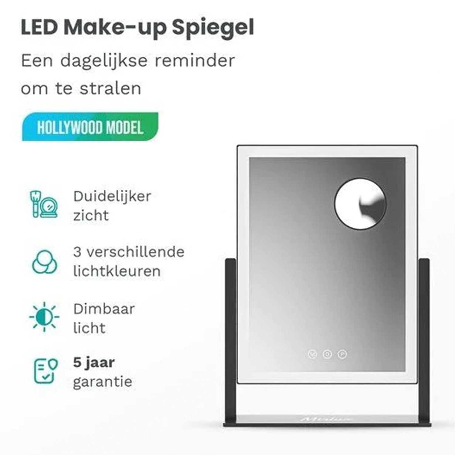 Make-Up Spiegel Staand Led Verlichting - 3 Dimbare LED Verlichting - Zwart - 33 X 44 Cm