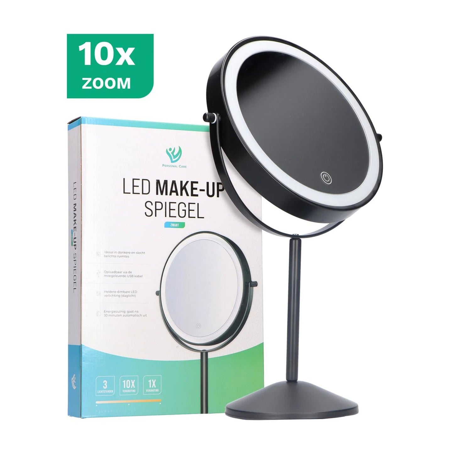 Make-Up Spiegel Staand Led Verlichting - 10x Vergroot - Zwart - Oplaadbaar