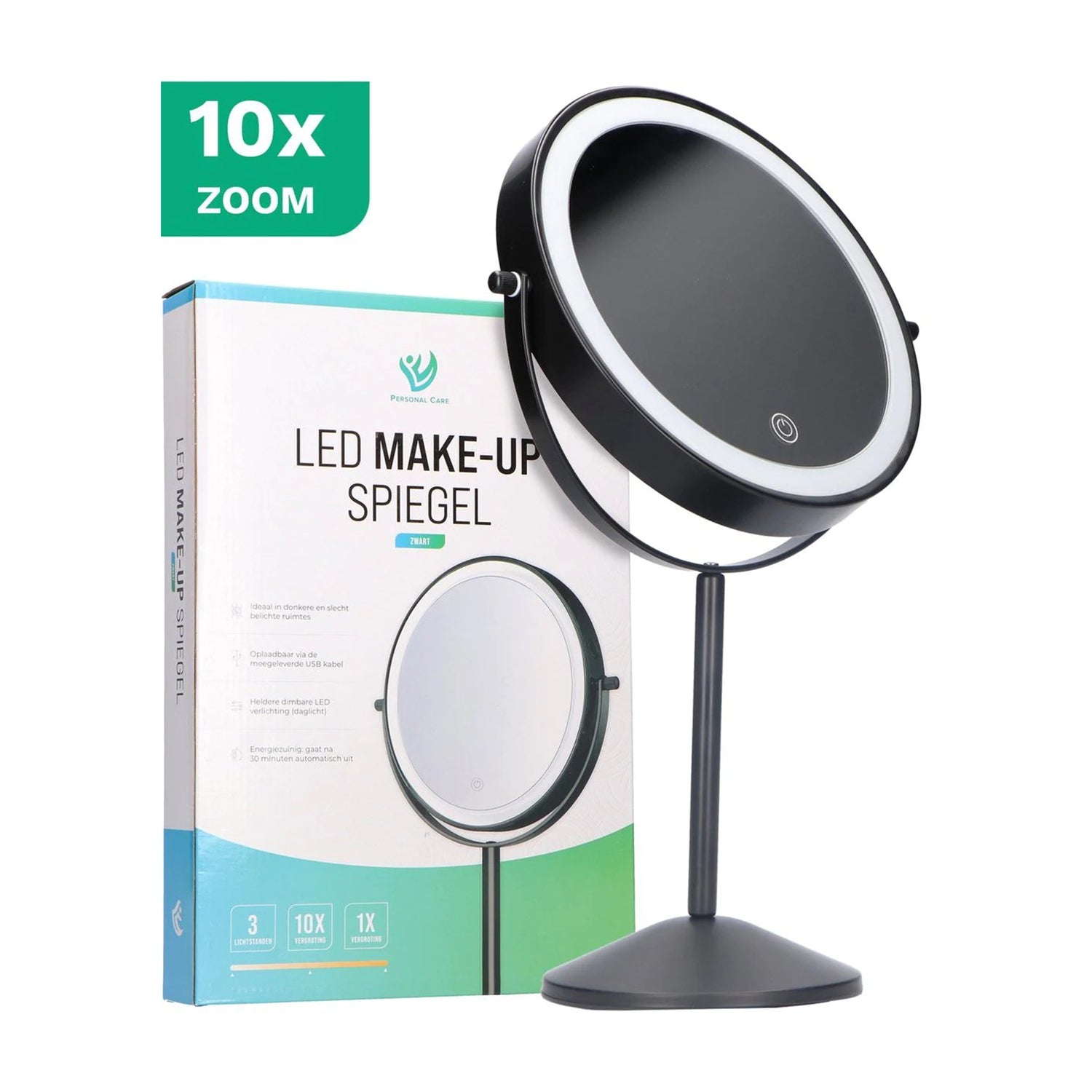 Make-Up Spiegel Staand Led Verlichting - 10x Vergroot - Zwart - Oplaadbaar