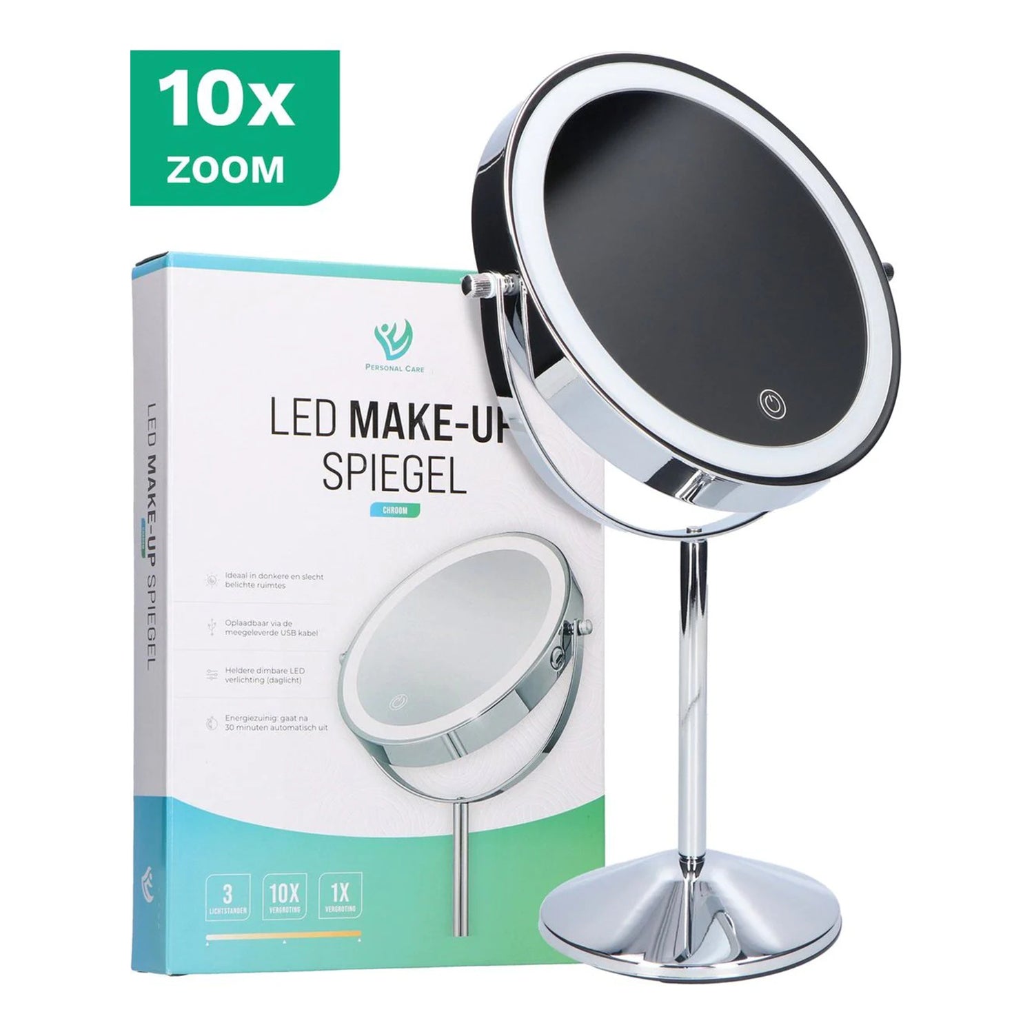 Make-Up Spiegel Staand Led Verlichting - 10x Vergroot - Chroom - Oplaadbaar