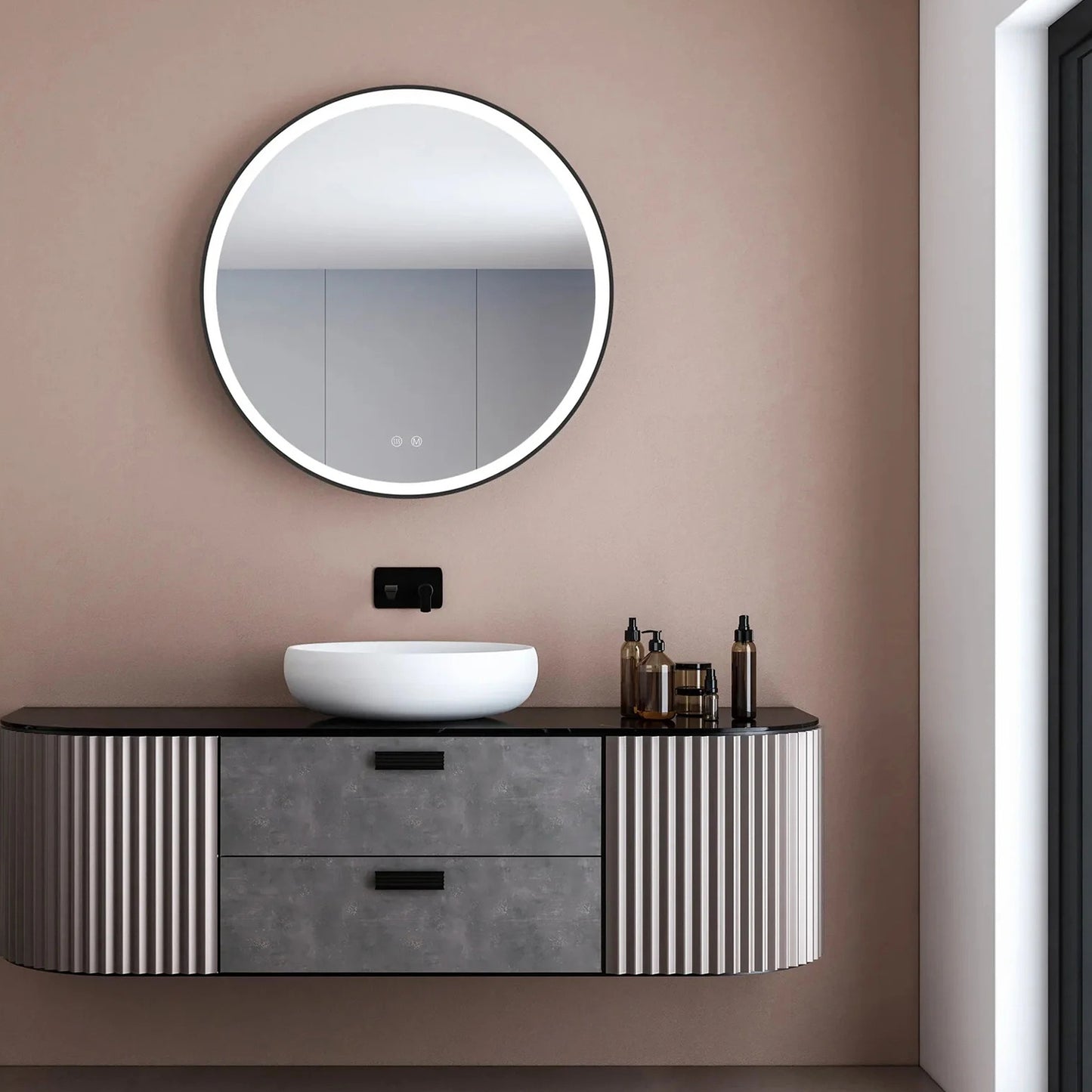 Badkamerspiegel Rond Mat Zwart 60 cm - Anti-Condens & Inbouw Led