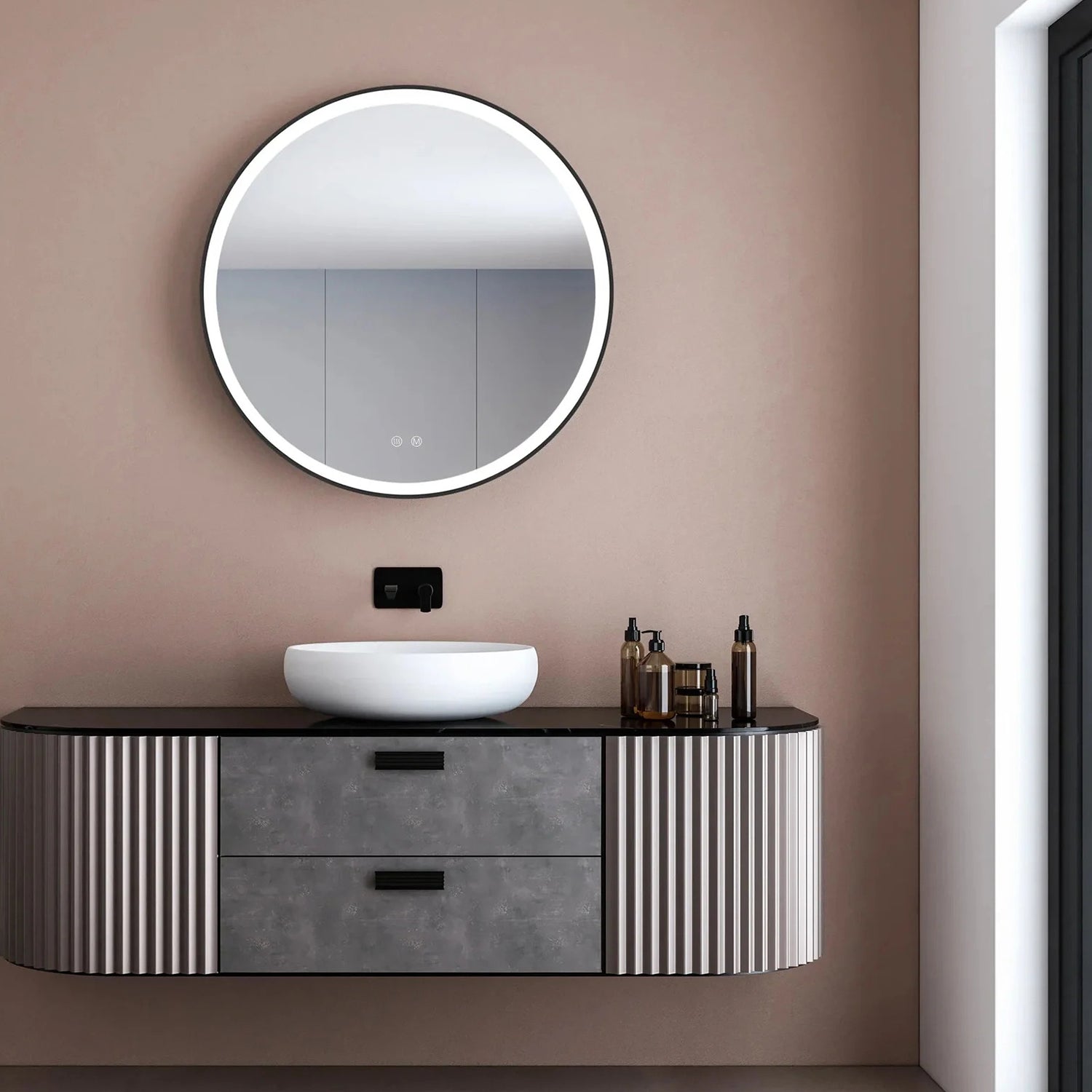 Badkamerspiegel Rond Mat Zwart 60 cm - Anti-Condens & Inbouw Led
