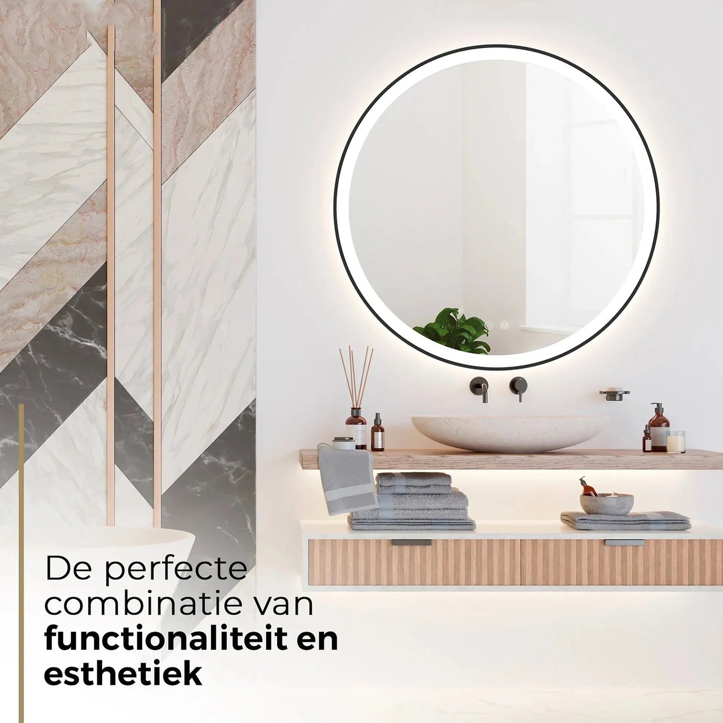 Badkamerspiegel Rond Mat Zwart 60 cm - Anti-Condens & Inbouw Led