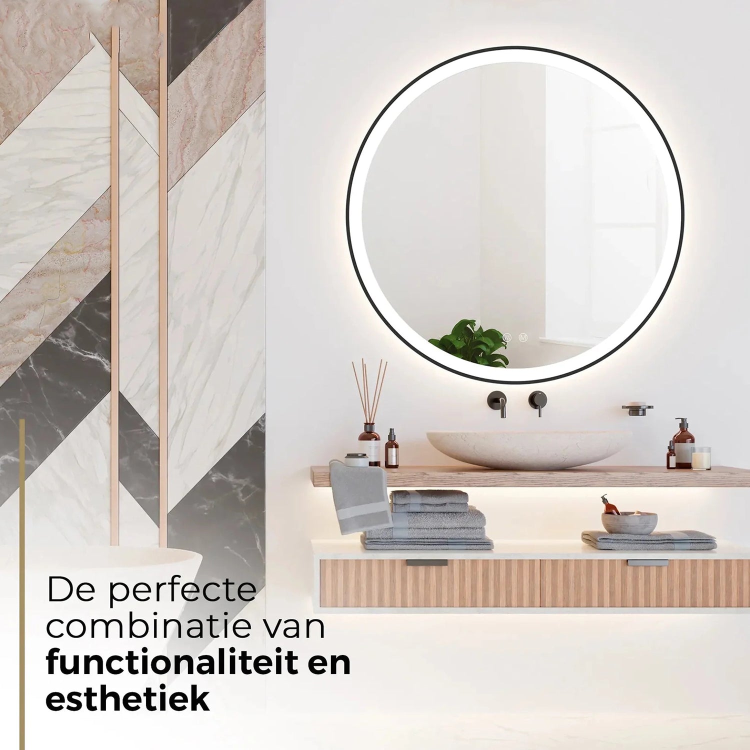 Badkamerspiegel Rond Mat Zwart 60 cm - Anti-Condens & Inbouw Led