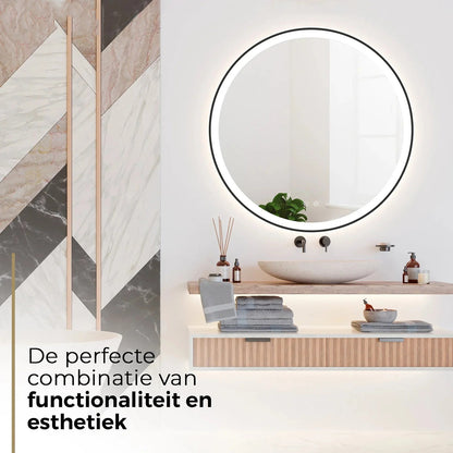 Badkamerspiegel Rond Mat Zwart 60 cm - Anti-Condens & Inbouw Led