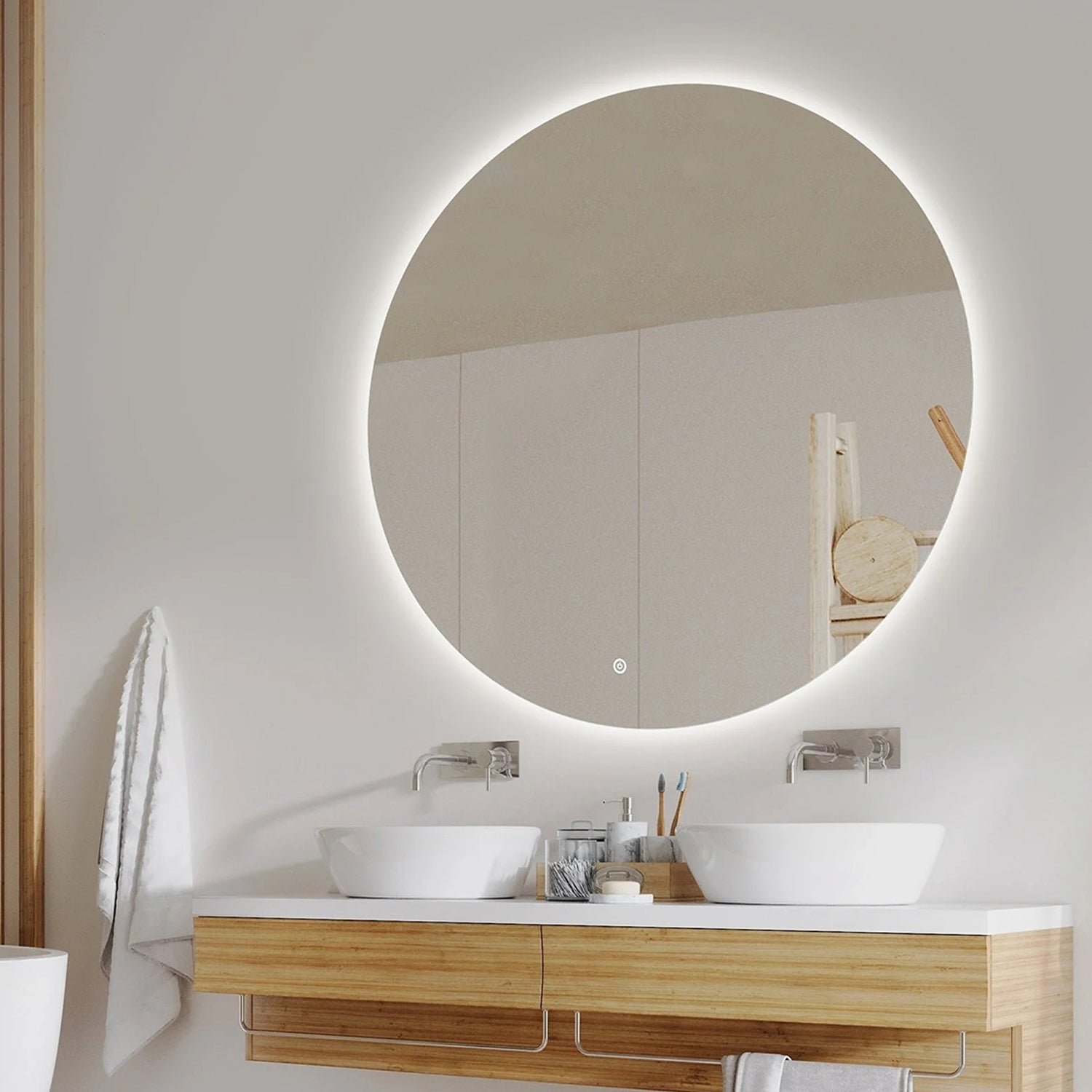 SensaHome Ronde LED Badkamerspiegel – Dimbaar Wandspiegel met Verlichting – Metalen Frame – 2700K/4500K/6400K – 70 cm – Zwart