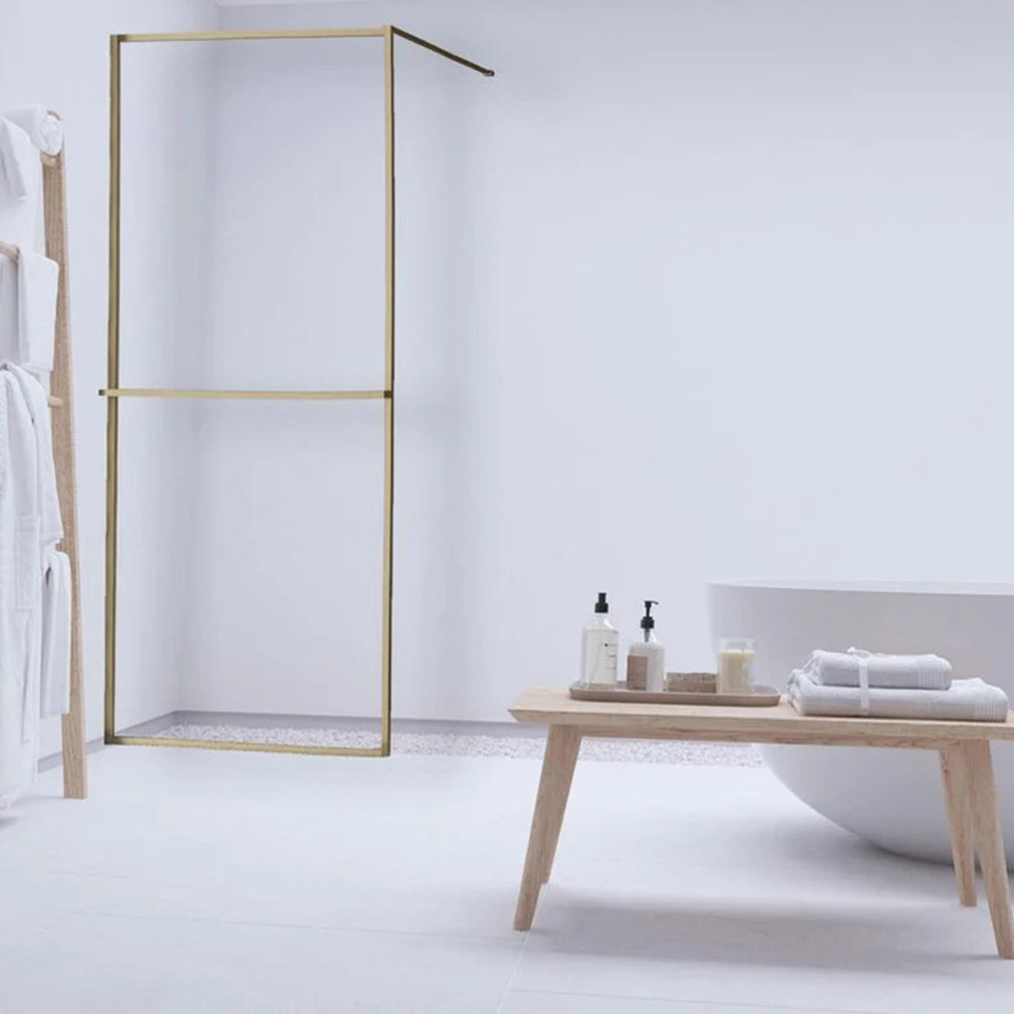 Douchewand - 90 x 200 cm – Geborsteld Messing Goud – Nano Coating – Geïntegreerd Handdoekrek