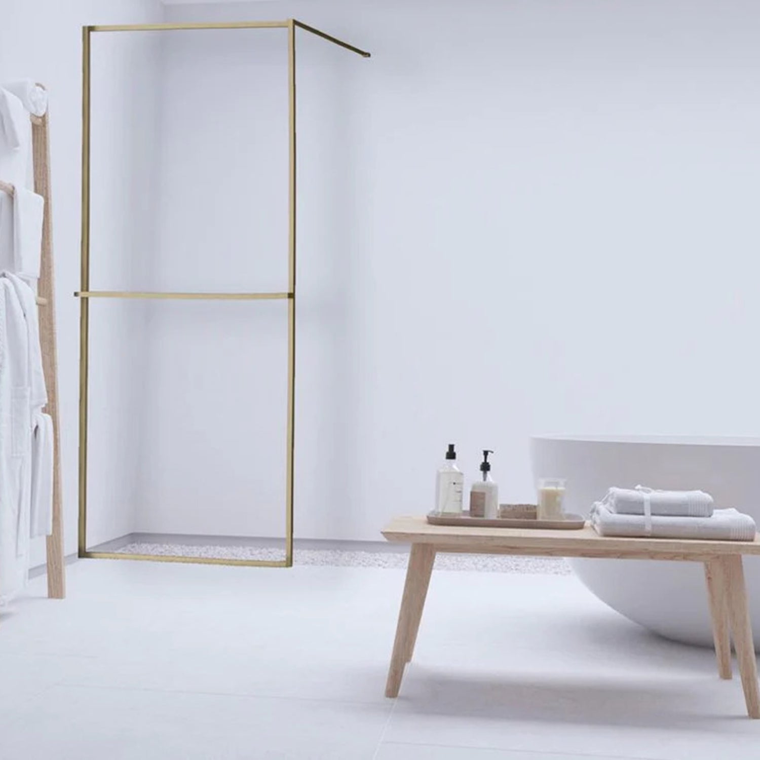 Douchewand - 90 x 200 cm – Geborsteld Messing Goud – Nano Coating – Geïntegreerd Handdoekrek