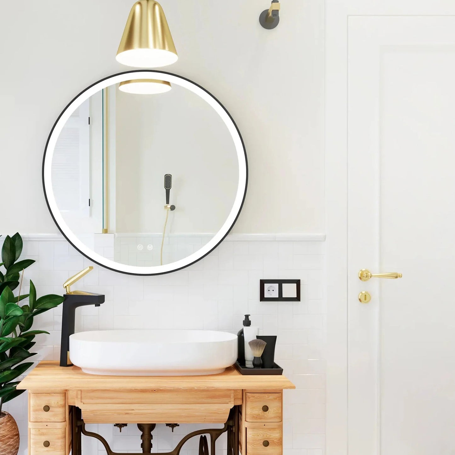 Badkamerspiegel Rond Mat Zwart 60 cm - Anti-Condens & Inbouw Led