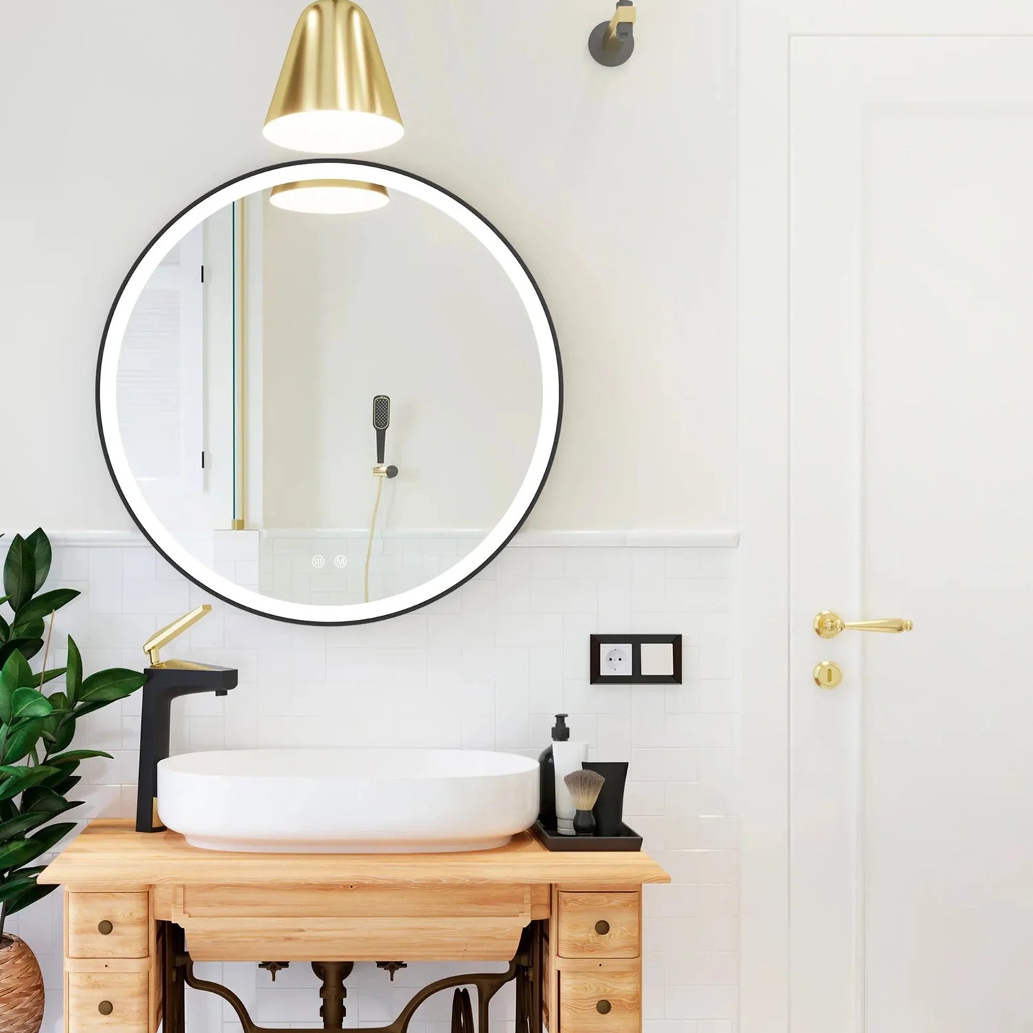 Badkamerspiegel Rond Mat Zwart 60 cm - Anti-Condens & Inbouw Led