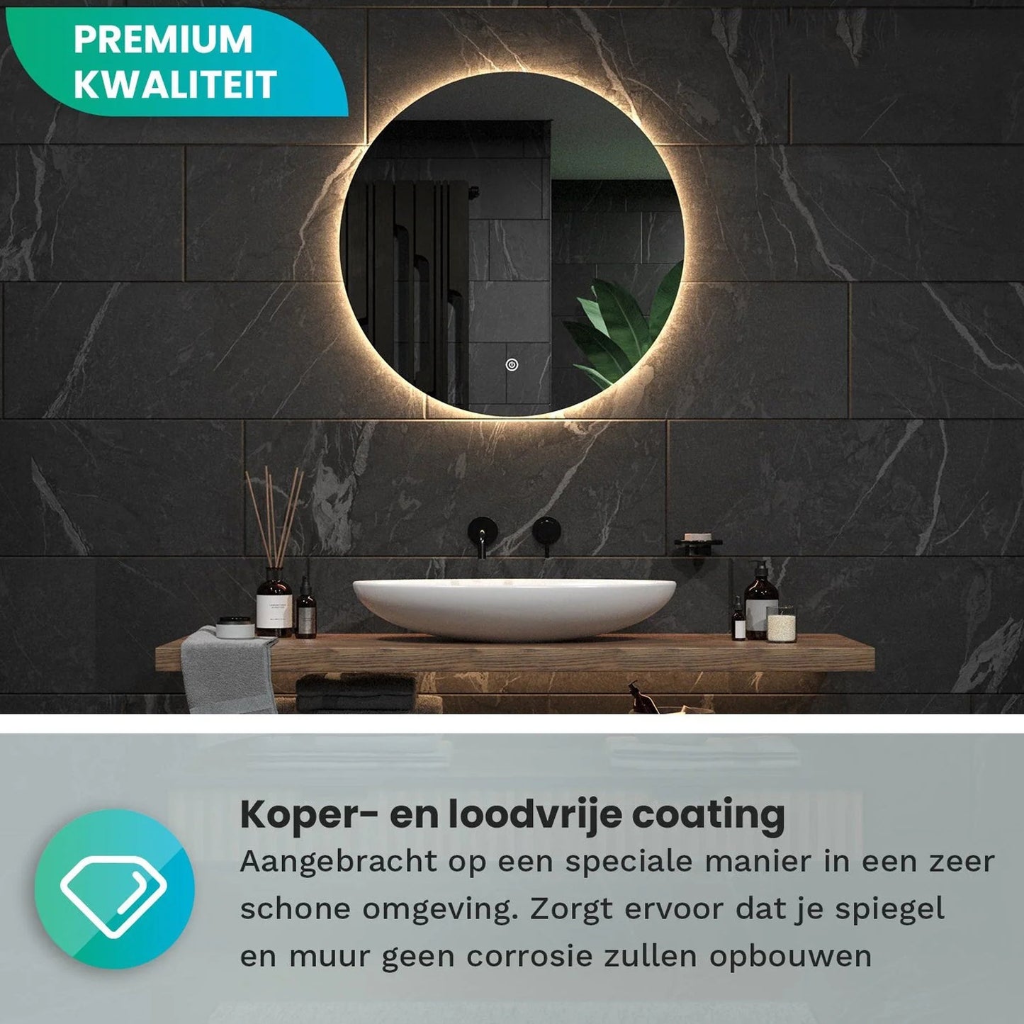 Badkamerspiegel Rond Frameloos 80 cm - Anti-Condens & Dimbaar Led