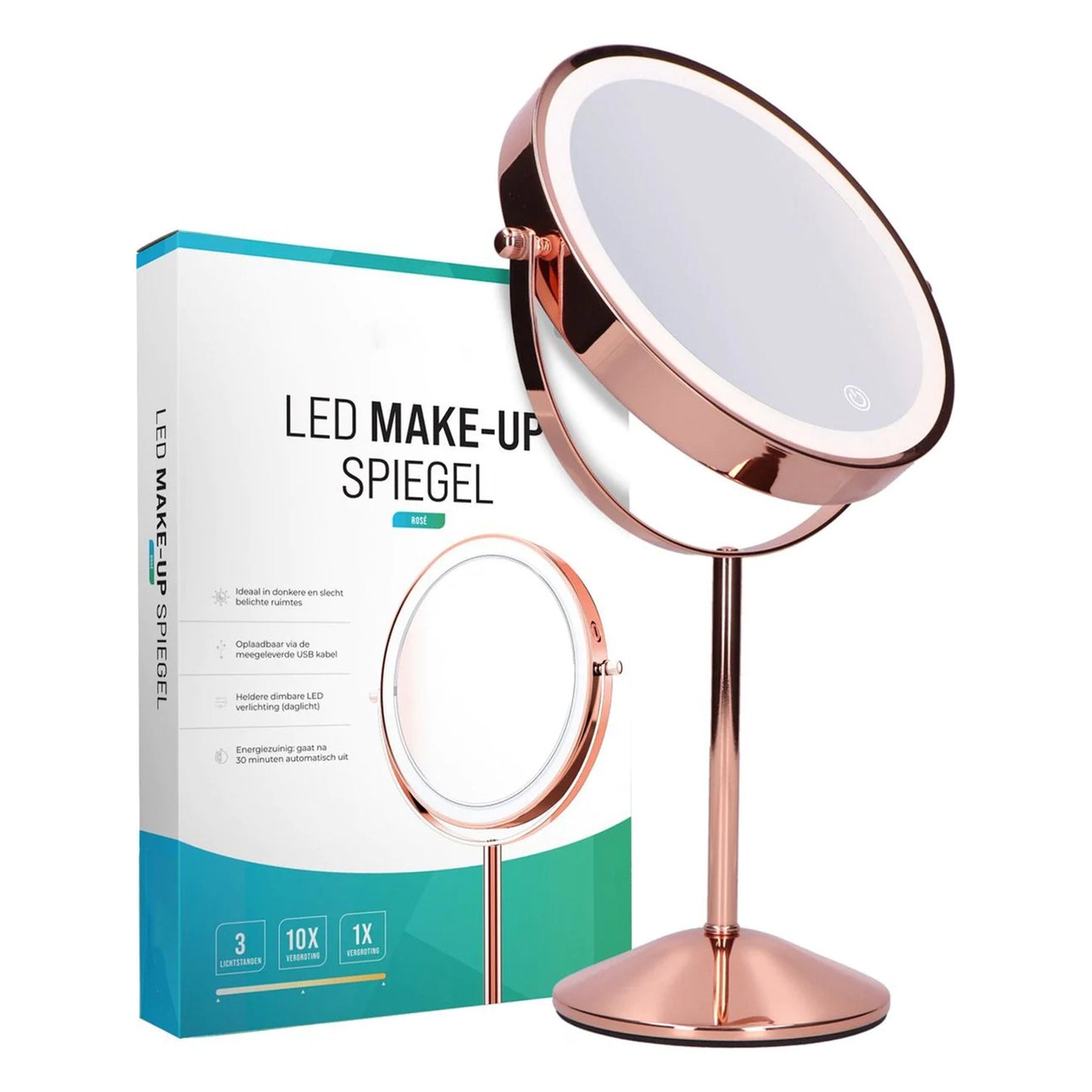 Make-Up Spiegel Staand Led Verlichting - 10x Vergroot - Rosé Goud - Oplaadbaar