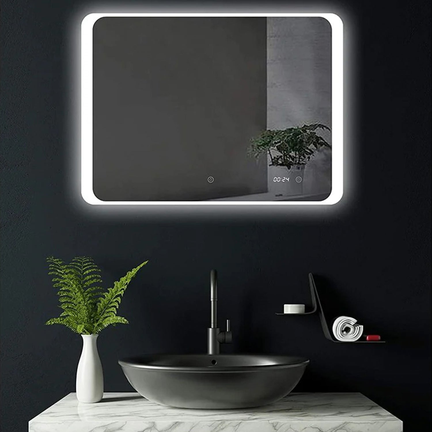 Spiegel Rechthoek 70 x 50 cm - Anti-Condens, Inbouw Led & Digitale Klok