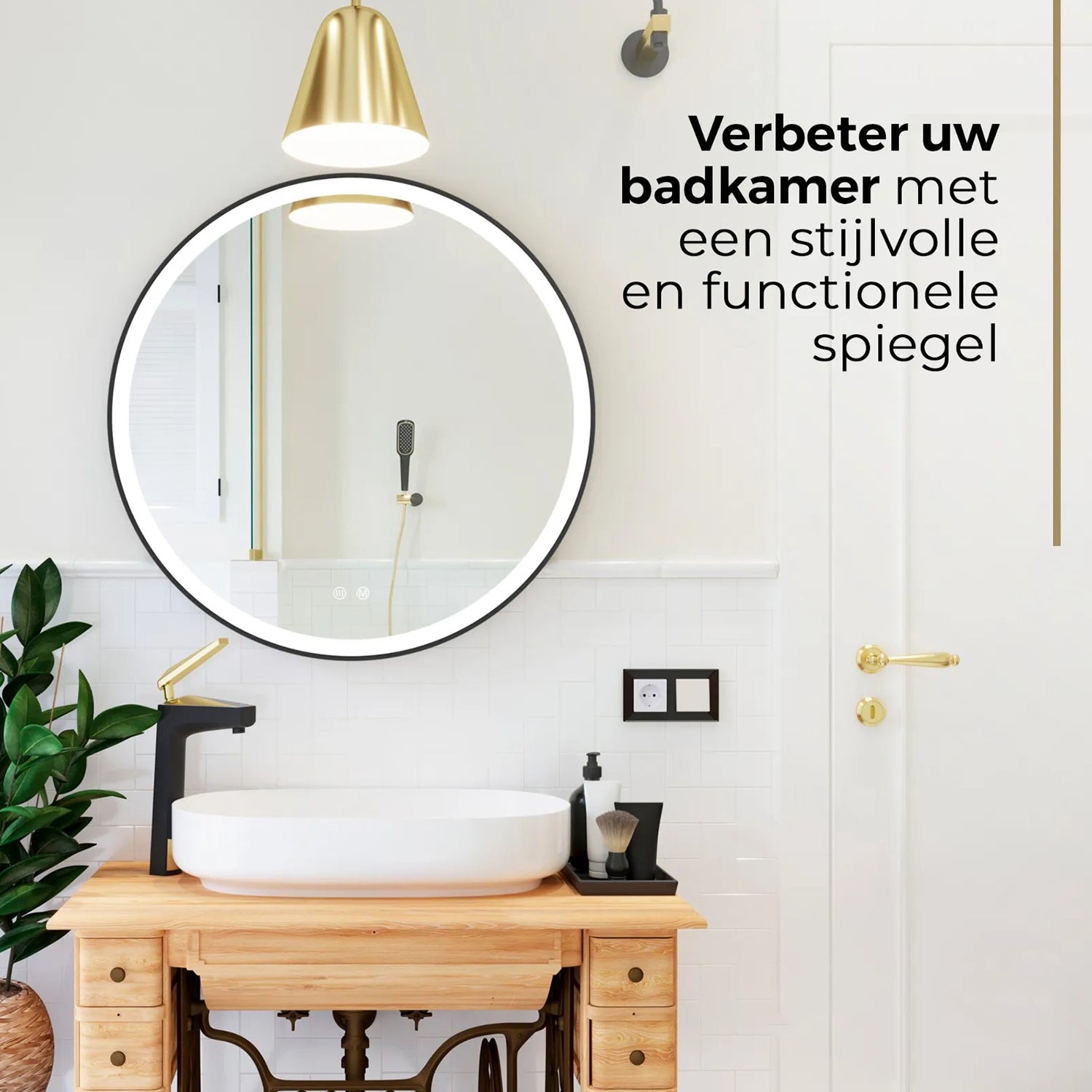 Badkamerspiegel Rond Mat Zwart 60 cm - Anti-Condens & Inbouw Led
