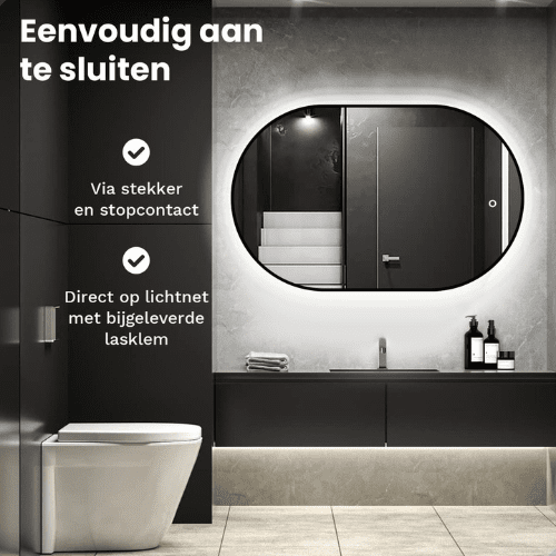Badkamerspiegel Ovaal Zwart 50 x 90 cm - Anti-Condens & Dimbaar Led