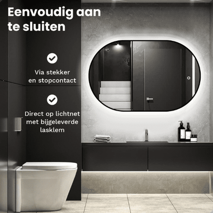 Badkamerspiegel Ovaal Zwart 50 x 90 cm - Anti-Condens & Dimbaar Led