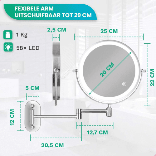 Make-Up Spiegel Wand Led Verlichting - 5x Vergroot - Chroom - Oplaadbaar