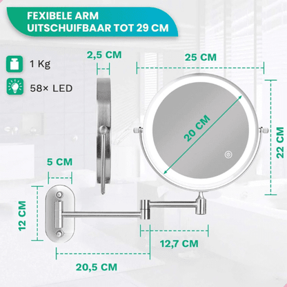 Make-Up Spiegel Wand Led Verlichting - 5x Vergroot - Chroom - Oplaadbaar