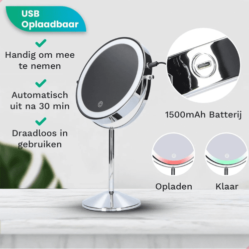 Make-Up Spiegel Staand Led Verlichting - 10x Vergroot - Chroom - Oplaadbaar