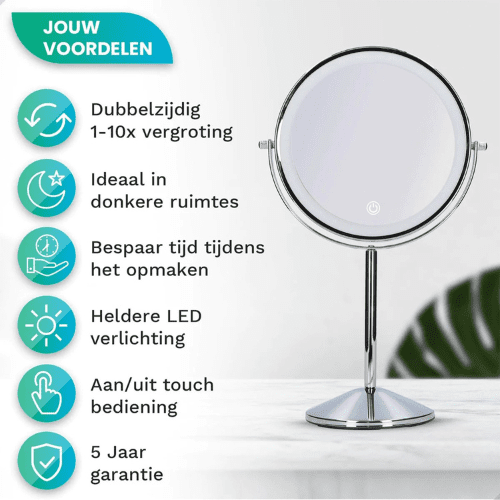 Make-Up Spiegel Staand Led Verlichting - 10x Vergroot - Chroom - Oplaadbaar
