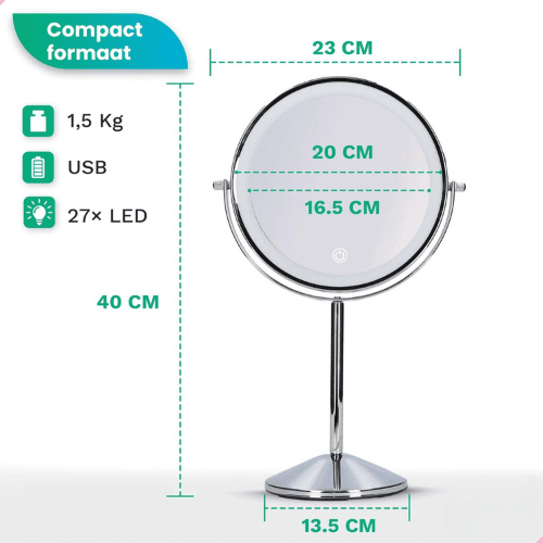 Make-Up Spiegel Staand Led Verlichting - 10x Vergroot - Chroom - Oplaadbaar
