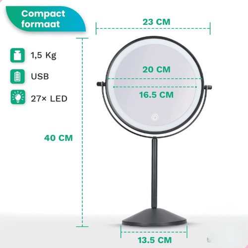 Make-Up Spiegel Staand Led Verlichting - 10x Vergroot - Zwart - Oplaadbaar