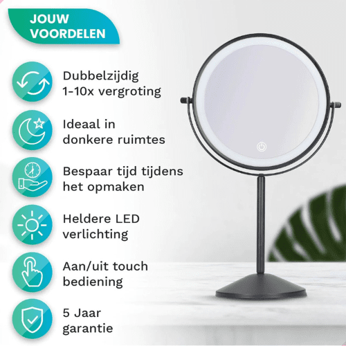 Make-Up Spiegel Staand Led Verlichting - 10x Vergroot - Zwart - Oplaadbaar